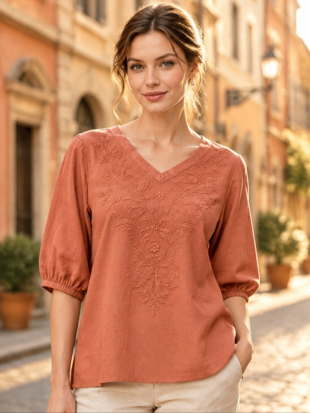 Chic Embroidered Women's Blouse in Orange Size Large